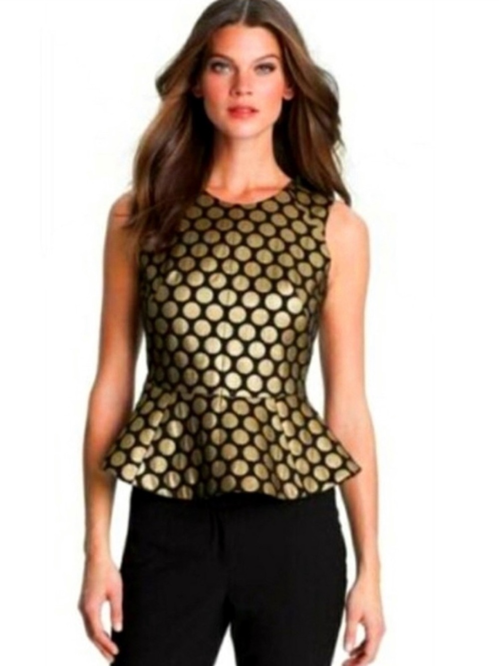 NWOT Vince Camuto Black and Metallic Bronzed Bubbled Peplum Top Size 12